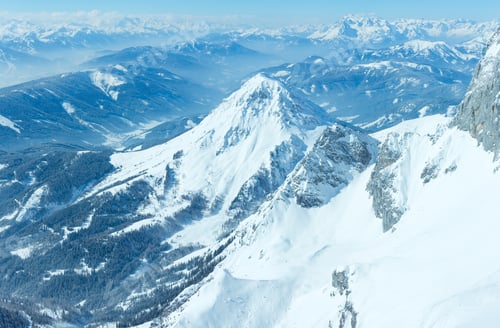 Preview: Winter Hazy View From Dachstein Mountain Massif Top To Schladming And Filzmoos Region (Austria).