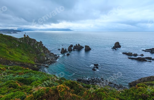 Preview: Evening Costa De Loiba Landscape With Blossoming Bushes And Rock Formations Near Shore (Asturias