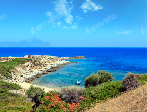 Preview: Summer Stony Sea Coast Landscape With Athos Mount View In Far (Halkidiki, Sithonia, Greece).