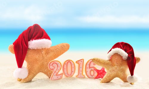 Preview: New Year 2016 Sign With Starfish In Santa Claus Hat On A Beach Sand