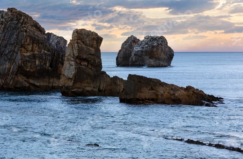 Preview: Rock Near Arnia Beach (Spain, Atlantic Ocean). Sunset View.