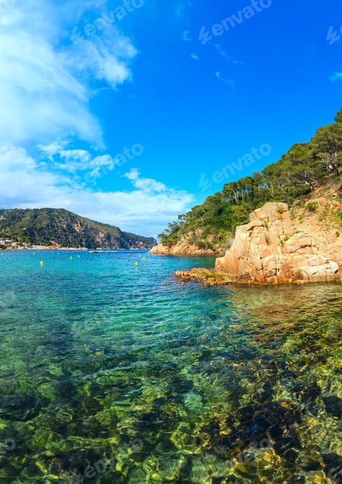 Preview: Summer Sea Rocky Coast View (Near Palamos, Costa Brava, Catalonia, Spain). Two Shots Stitch Image.