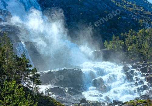 Preview: Summer Mountain Langfossen Waterfall On Slope (Etne, Norway).