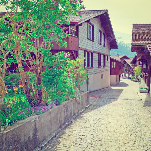 Preview: Street With Old Wooden Buildings In Swiss Village, Instagram Effect