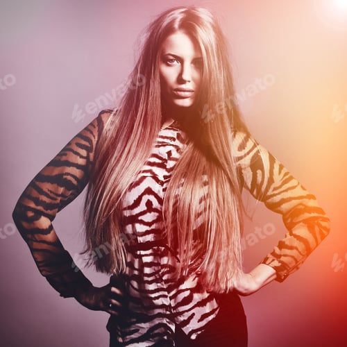 Preview: Beautiful Sensual Fashion Woman. Multicolored Pop Art Photo Toned In Warm Colors