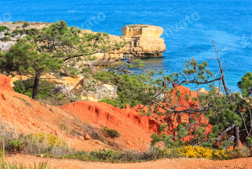 Preview: Summer Evening Atlantic Limestony Coast View Near Beach Praia De Sao Rafael And Red Clayey Earth In