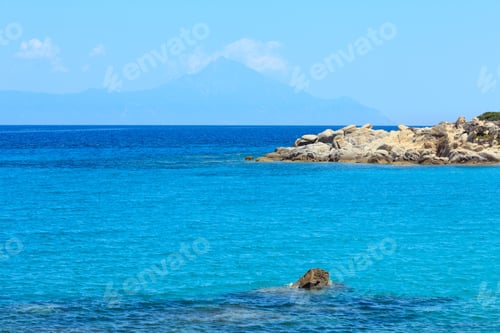 Preview: Aegean Sea Coast Landscape With Aquamarine Water And Mount Athos In Mist, View Near Karidi Beach