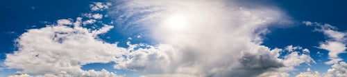 Preview: White Fluffy Cumulus Clouds In Deep Blue Azure Sunshine Sky. Summer Good Weather, Climate, Eco