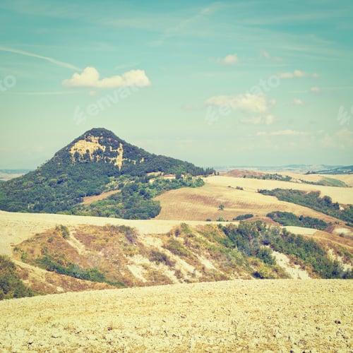 Preview: Plowed Sloping Autumn Field In Tuscany On The Background Of Green Hill, Italy, Instagram Effect