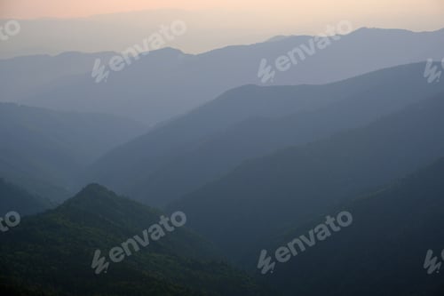 Preview: Summer Misty Evening Mountain Tops Silhouettes. Marmaros, Carpathian, Ukraine.