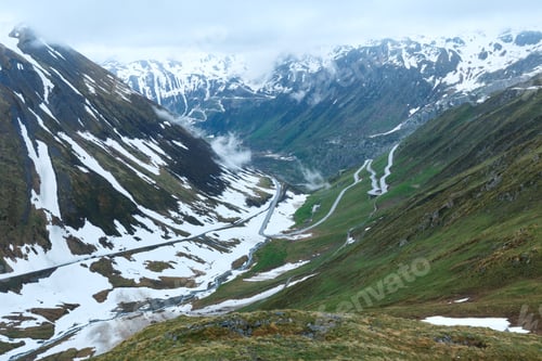Preview: Summer Cloudy Mountain Landscape With Road (Furka Pass, Switzerland)