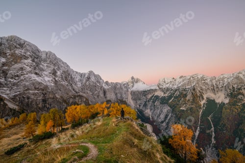 Preview: Beautiful Autumn Panorama In Julian Alps. Larches Are Glowing In Golden Yellow Color At Slemenova