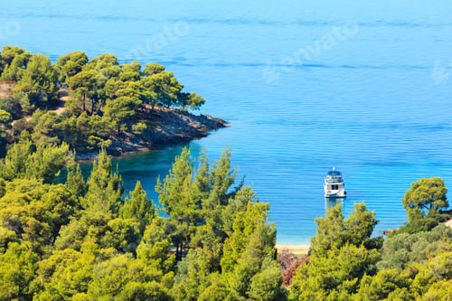 Preview: Morning Summer Aegean Sea Coast With Pine Trees On Shore And Small Yacht In Bay (Sithonia