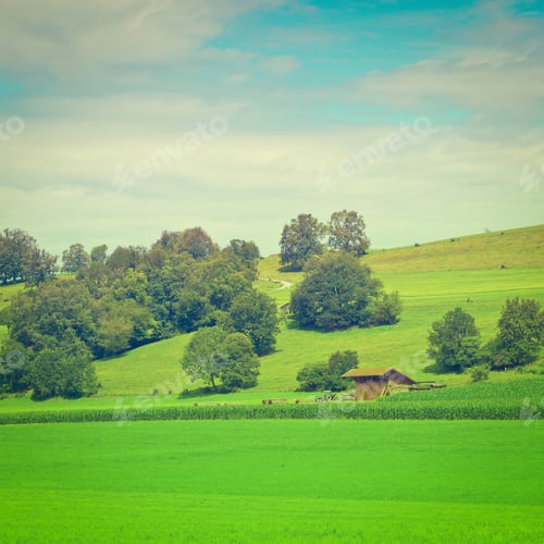Preview: Bavarian Landscape With Woodshed In Germany, Instagram Effect