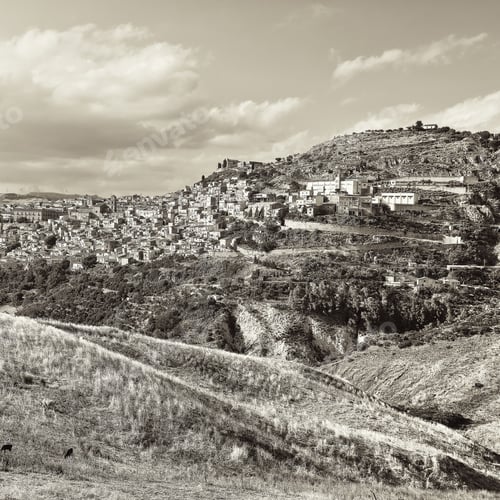 Preview: The Typical Sicilian Medieval Town On The Top Of The Mountain, Retro Image Filtered Style