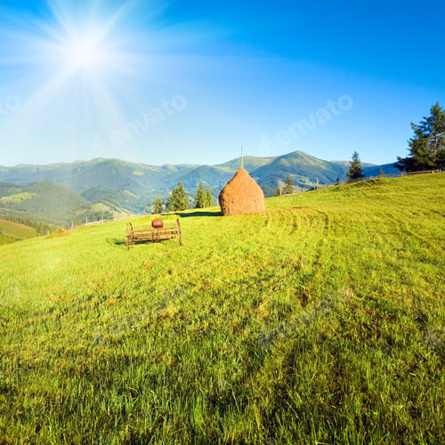 Preview: Summer Mountain Village Outscirts With Field, Haystack And Old Mowing Machine