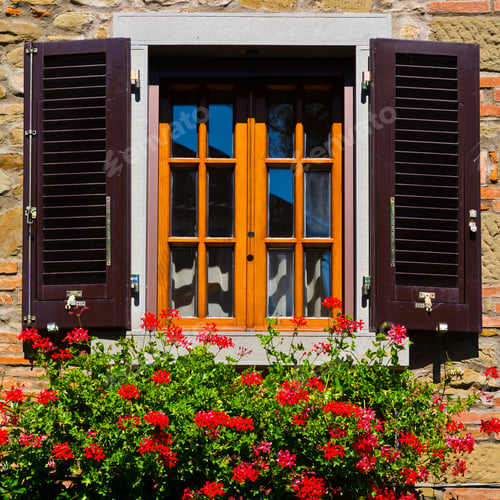 Preview: Italian Window With Open Wooden Shutters, Decorated With Fresh Flowers
