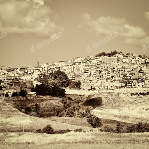 Preview: View To The Medieval City Of Pietraperria In Sicily, Retro Image Filtered Style