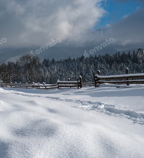 Preview: Winter Remote Alpine Mountain Village Outskirts, Countryside Hills, Groves And Farmlands