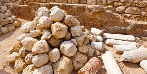 Preview: Ruins Of The Crusader Fortress Of The City Arsour In Israel. Ballista Stones Near The Inner Gate Of
