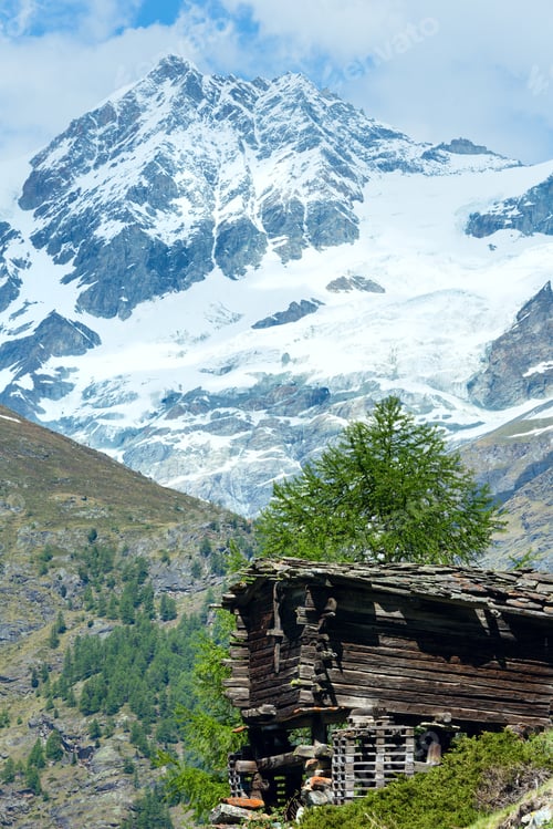Preview: Summer Alps Mountain Plateau With Wooden Barn(Switzerland, Near Zermatt)
