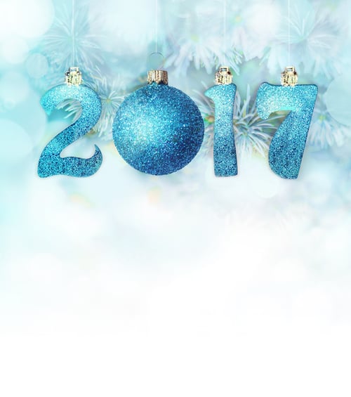 Preview: Set Of Blue Shiny Digits And Ball On A Snowy Fir Branches. New Year 2017 Background. Christmas