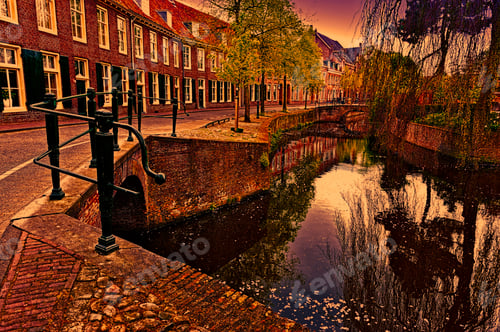 Preview: Urban Scene In Amersfoort With Typical Local Architecture At Sunset. Embankment In The Historical