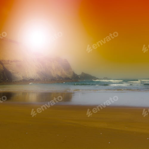 Preview: Portuguese Atlantic Ocean Beach In The Morning Mist At Sunrise. Breathtaking Landscape And Nature