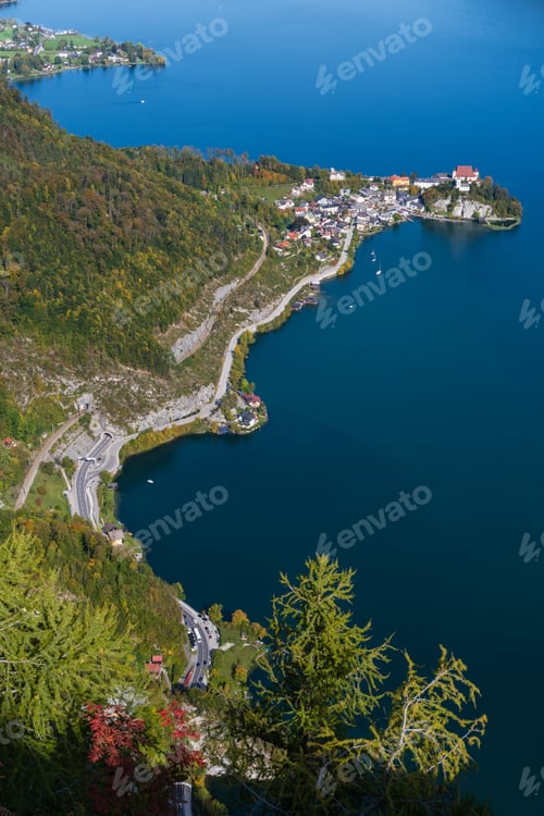 Preview: Peaceful Autumn Alps Mountain Traunsee Lake And Traunkirchen Town View From Kleiner Sonnstein Rock