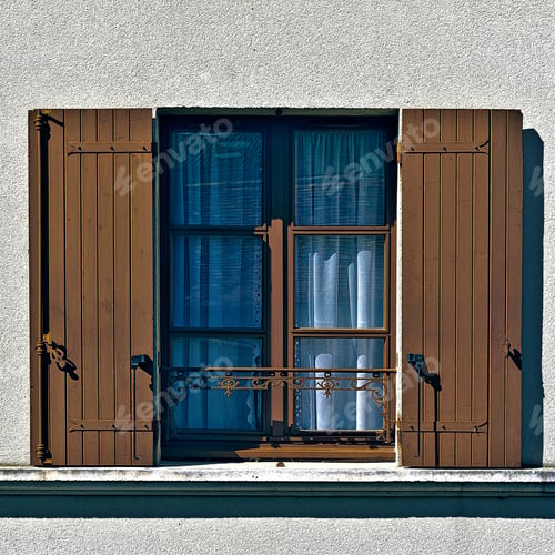 Preview: French Window With Open Wooden Shutter, Vintage Style Toned Picture