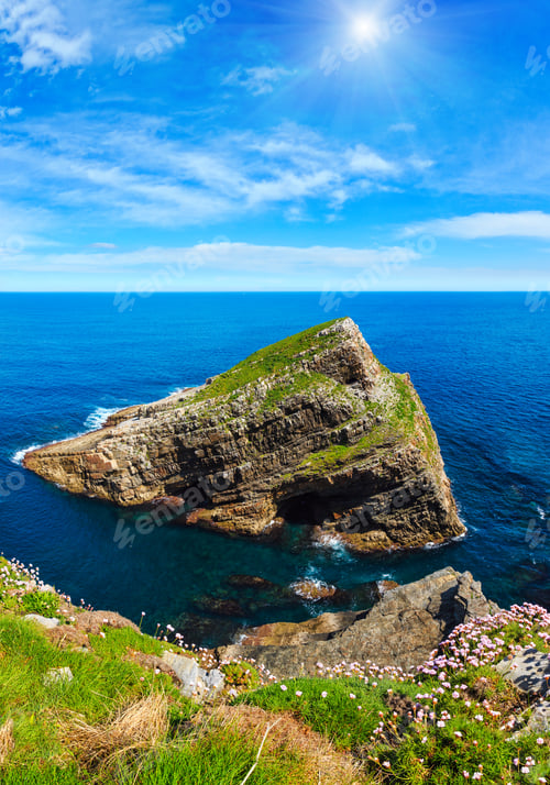 Preview: Summer Blossoming Cape Vidio Sunshiny Coast View With Flowers (Asturias, Cudillero, Spain).