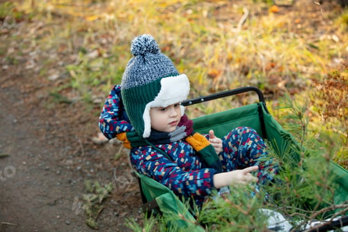 Preview: Little Kid Sitting In A Wagon On A Road In A Forest