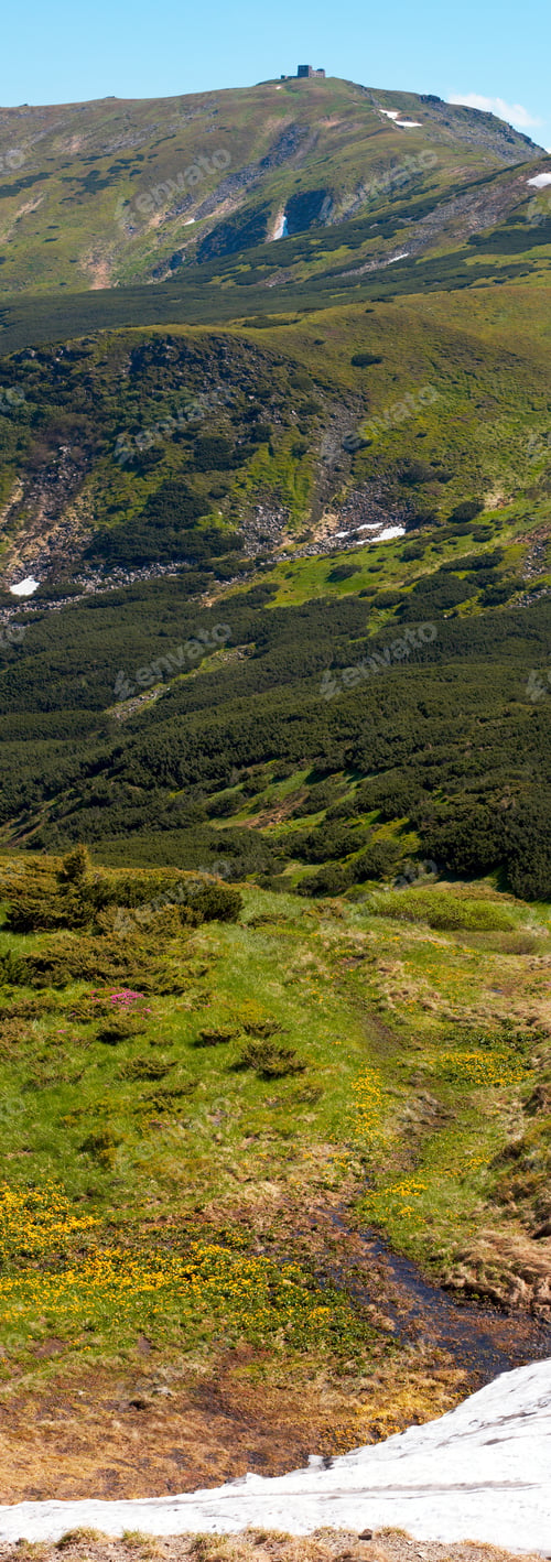 Preview: Summer Mountain View With Snow On Mountainside (With Observatory Ruins On Chornogora Ridge