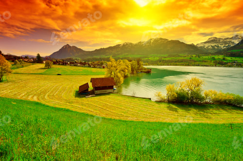 Preview: Lake Sarner On The Background Of Snow-Capped Alps, Switzerland