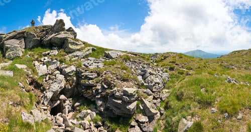 Preview: Stony Post On Summer Mountain Top And Cave In Slope (Ukraine, Carpathian Mountains). Four Shots