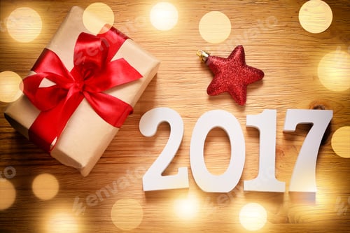 Preview: Present Box With Sign 2017 On Wooden Background In Vintage Style - Merry Christmas And Happy New