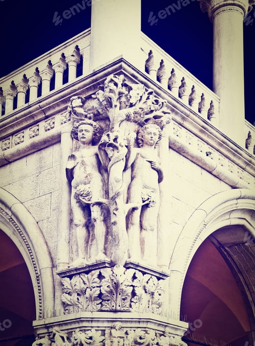 Preview: Composition Of Adam And Eva On The Facade Of The Doge'S Palace In Venice, Retro Effect