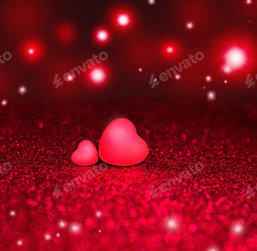 Preview: Red Hearts On Red Sparkle Glitter Background. Valentines Day. Heart Love Concept. Two Hearts.