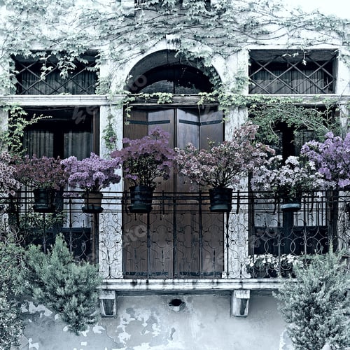 Preview: Italian Windows With Balcony, Decorated With Fresh Flowers, Vintage Style Toned Picture