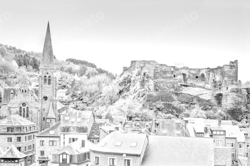 Preview: View Of The Church And The Castle In The Belgian City Of La Roche. View Of The Town Center Below