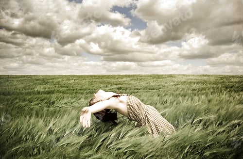 Preview: Beautiful Young Girl Lying At Green Field, Photo In Retro Style.
