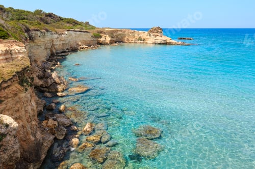 Preview: Picturesque Seascape With White Rocky Cliffs, Sea Bay, Islets And Faraglioni At Beach Spiaggia