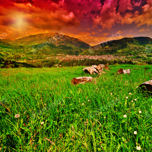 Preview: Medieval Italian Town Surrounded By Fields And Firewood At Sunset