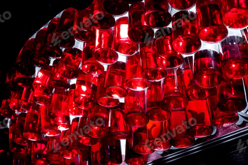 Preview: Decorative Lighting Of A Liquor Store Selling Alcoholic Beverages From Hanging Bottles With Red
