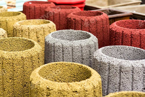 Preview: Stone Trash Can In An Assortment Of New Multi-Colored Garbage Cans Closeup.