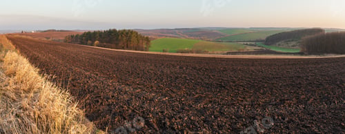 Preview: Spring Morning Rural Country Landscape With Plowed Agricultural Fields On Hills, Trees And Groves