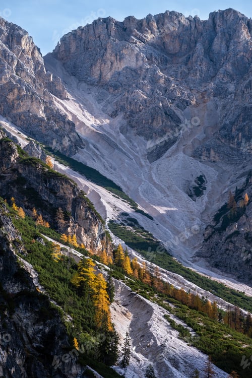 Preview: Colorful Autumn Evening Alpine Rock Scene. View From Hiking Path Near Lake Braies Or Pragser
