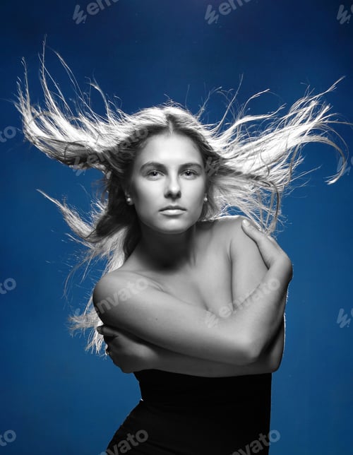 Preview: Red-Haired, Blue-Eyed Girl In An Emotional Flight With The Wind From The Developing Hair
