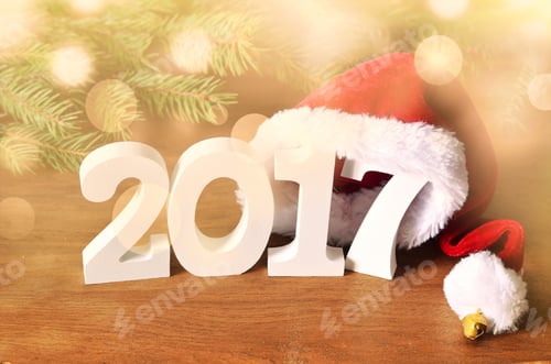 Preview: Year 2017 White Figures In Santa Hat, Spruce Branch And Christmas Decorations