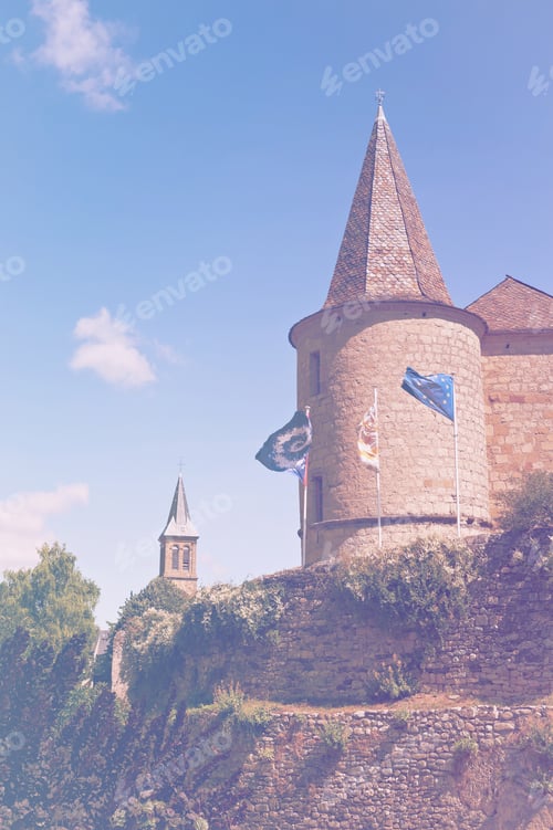 Preview: Deserted Sights In France In Faded Color Effect. Castle In Medieval French City Of Florac
